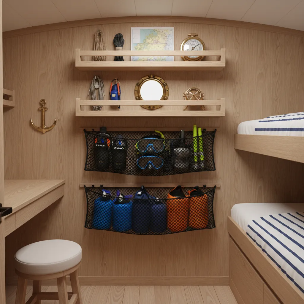Boat cabin wall storage nets and floating shelves for vertical organization
