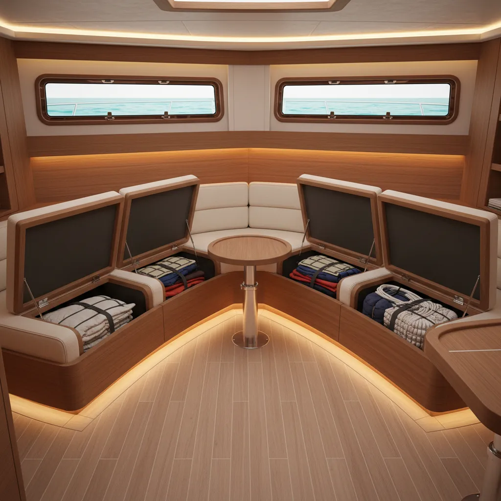 smart storage compartments under seating inside boat cabin