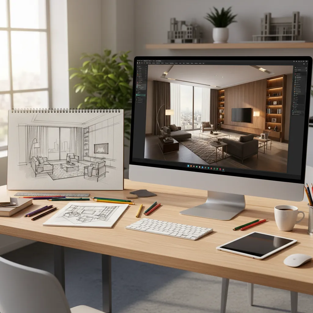 Comparación entre boceto de habitación y visualización digital