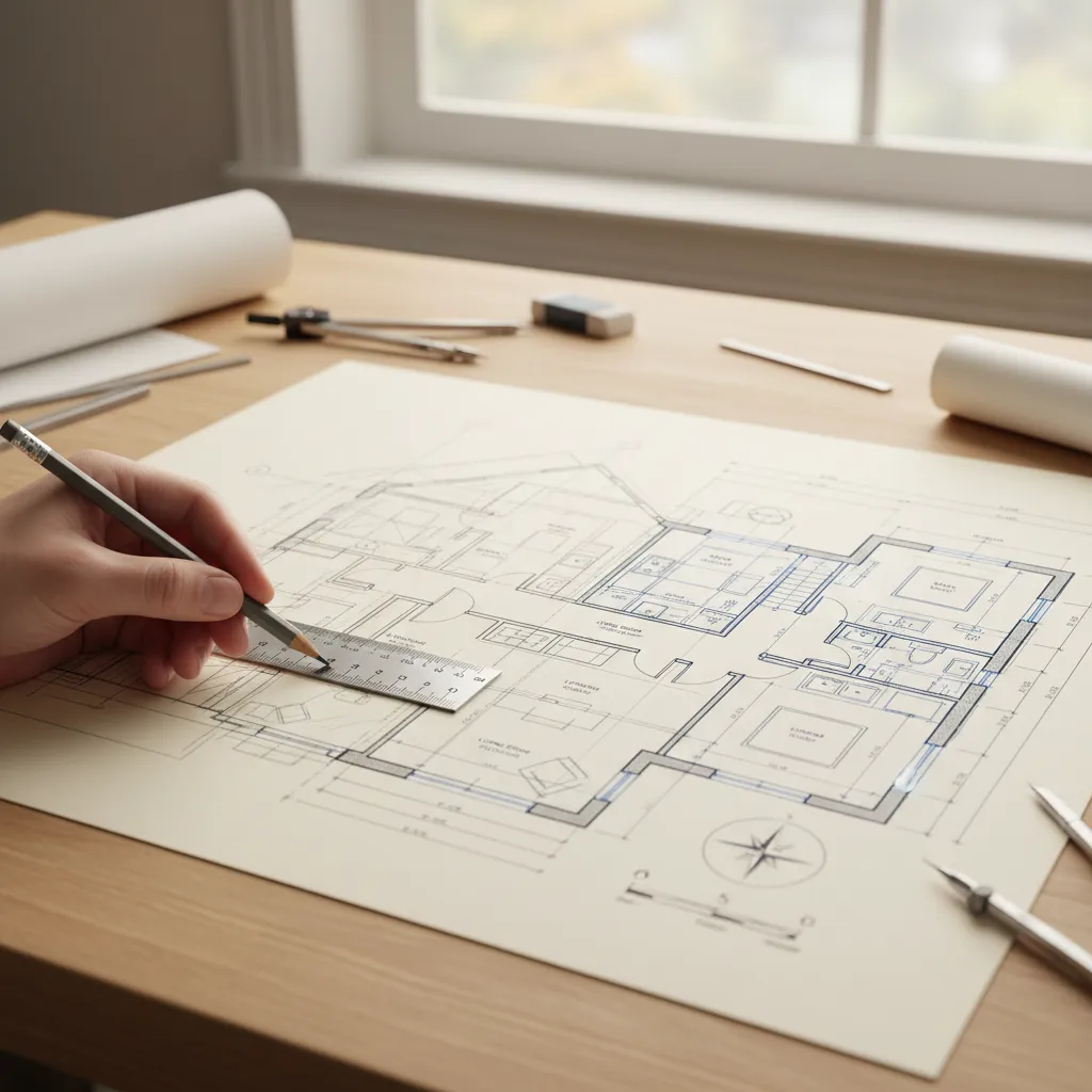 Proceso de pasar un boceto de casa a un plano arquitectónico detallado