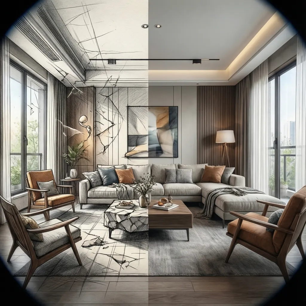 Comparación entre boceto de interior y visualización 3D