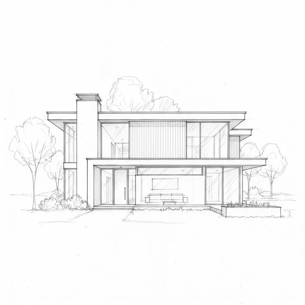 Boceto de fachada de casa moderna dibujado en perspectiva