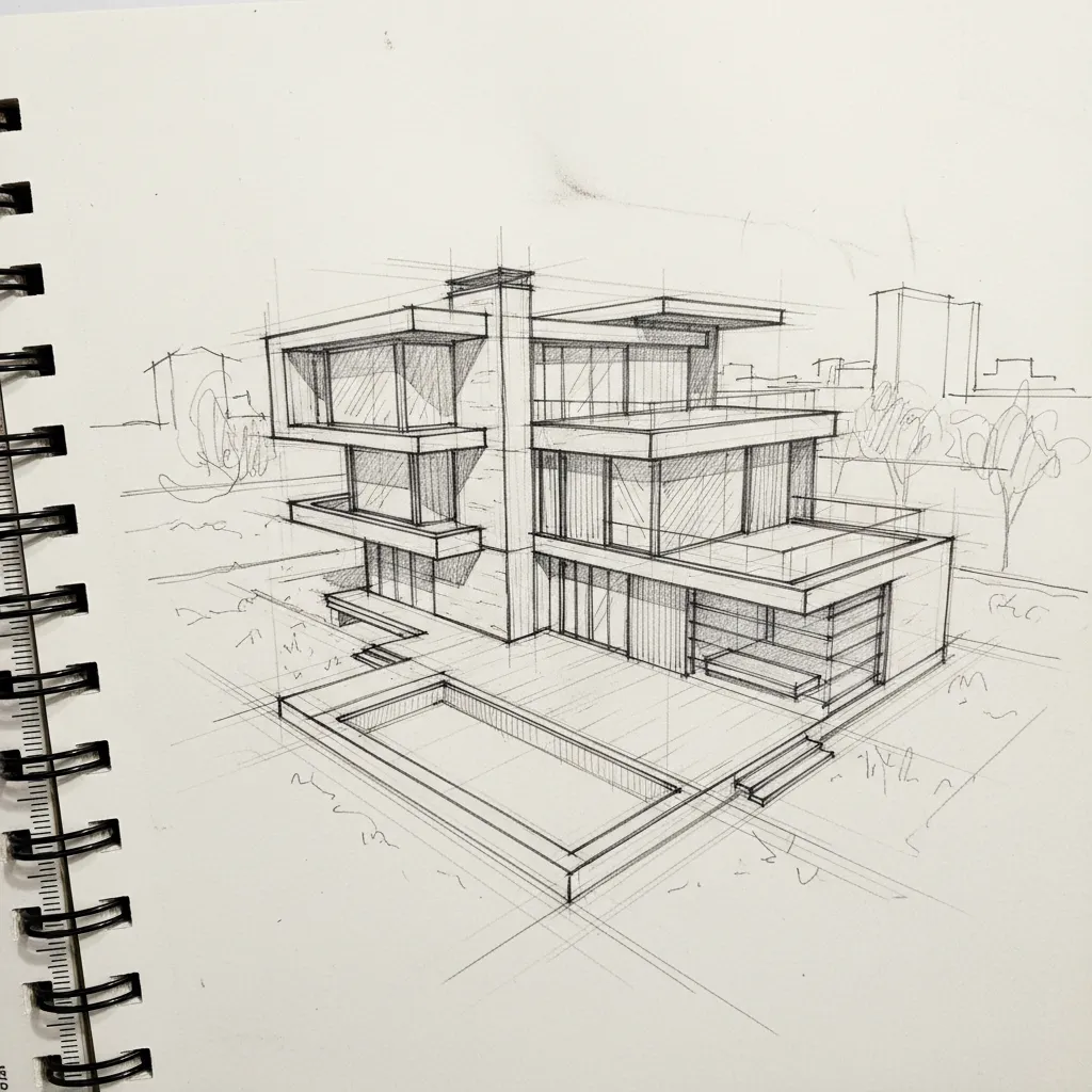 Hand drawn interior design drawing of a modern house with a pool in a white notebook