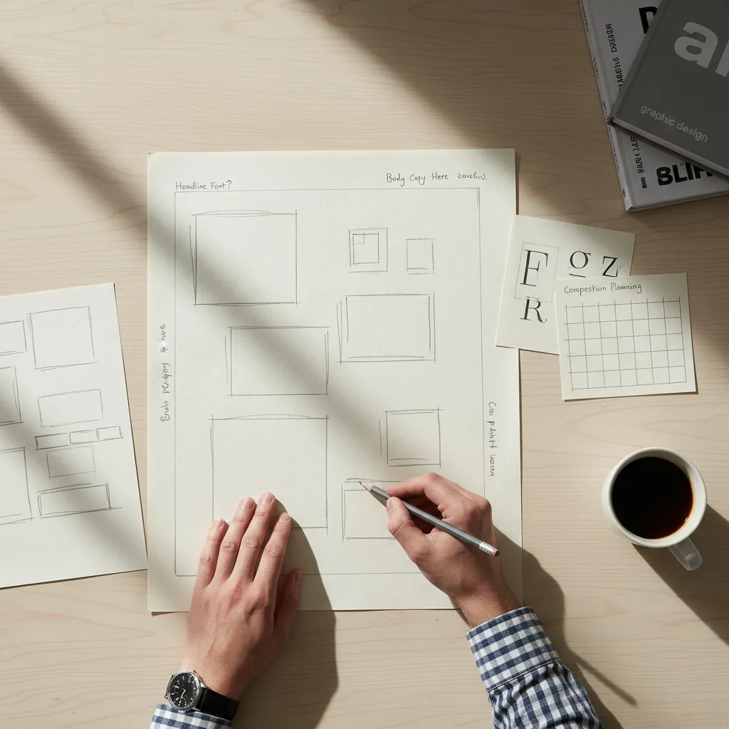 Boceto en papel de un diseño de cartel con notas de composición