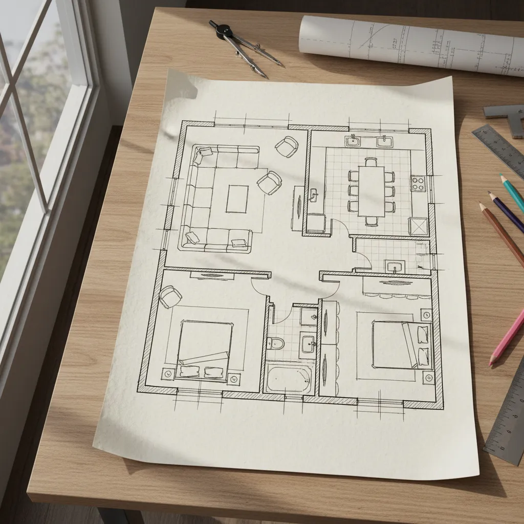 Hand drawn floor plan sketch on wooden table with sofa, kitchen table, beds and tools