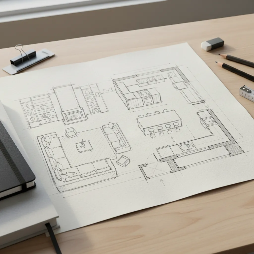 Boceto conceptual de distribución interior de una vivienda