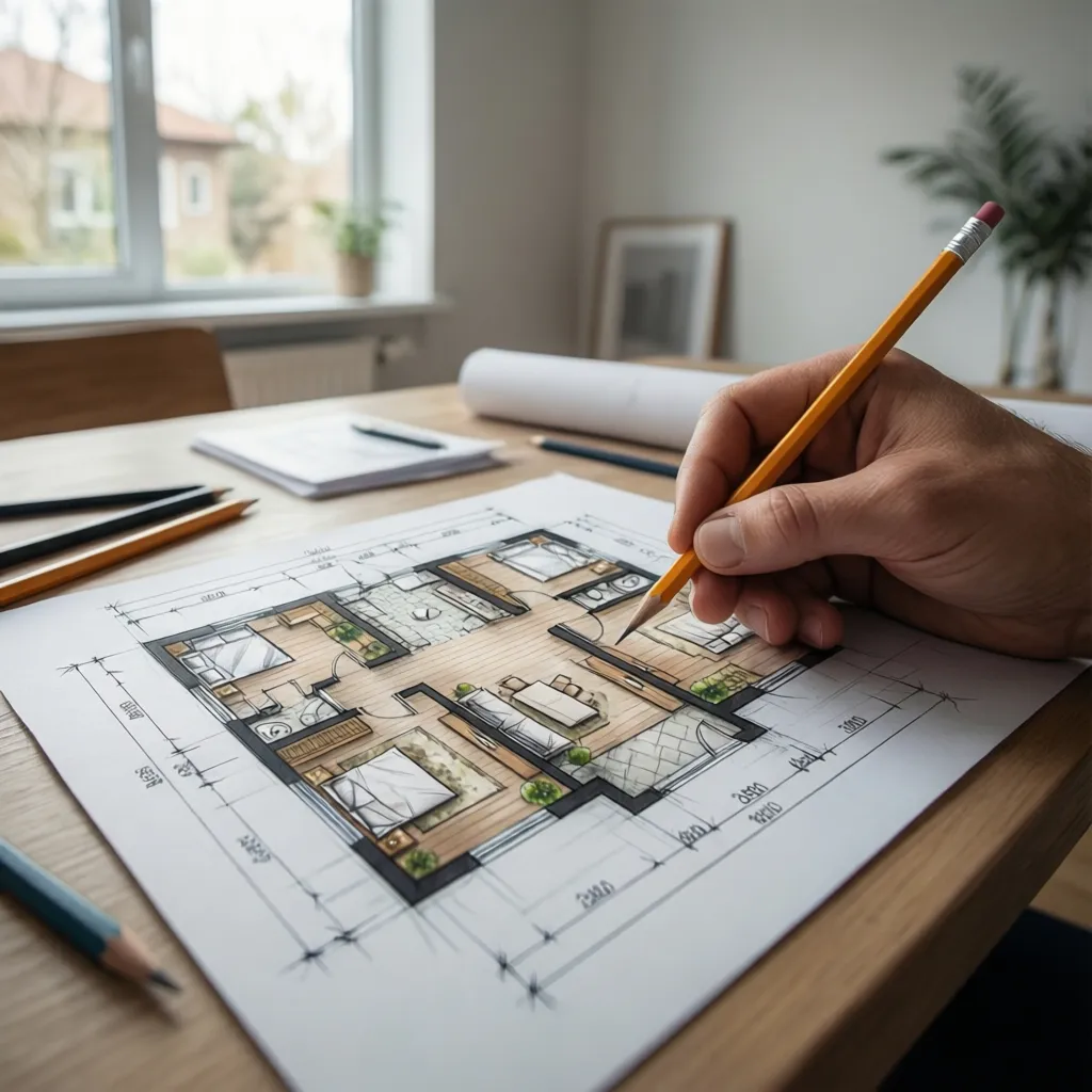 Hand drawing an interior design drawing of a small apartment on paper with a pencil