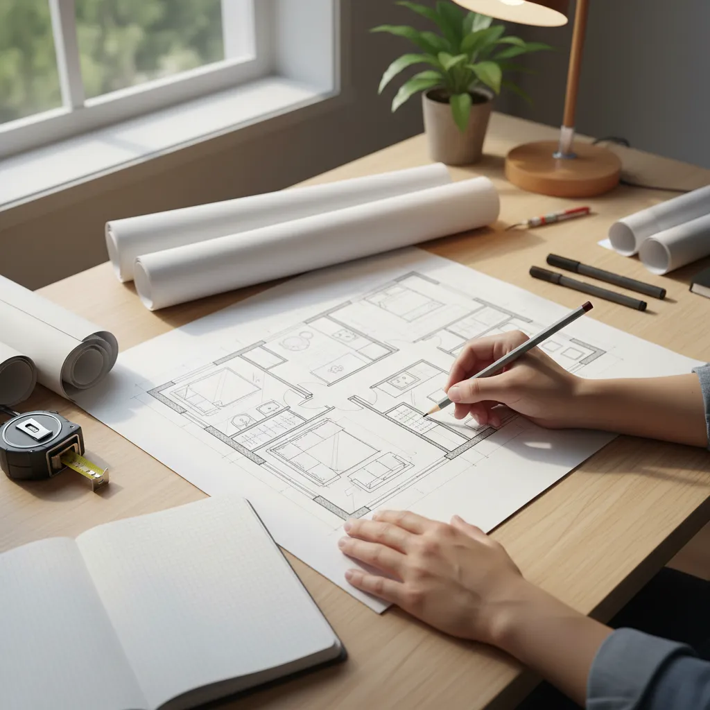 Hand-drawn floor plan sketch on white paper with a yellow pencil, eraser, and metal ruler