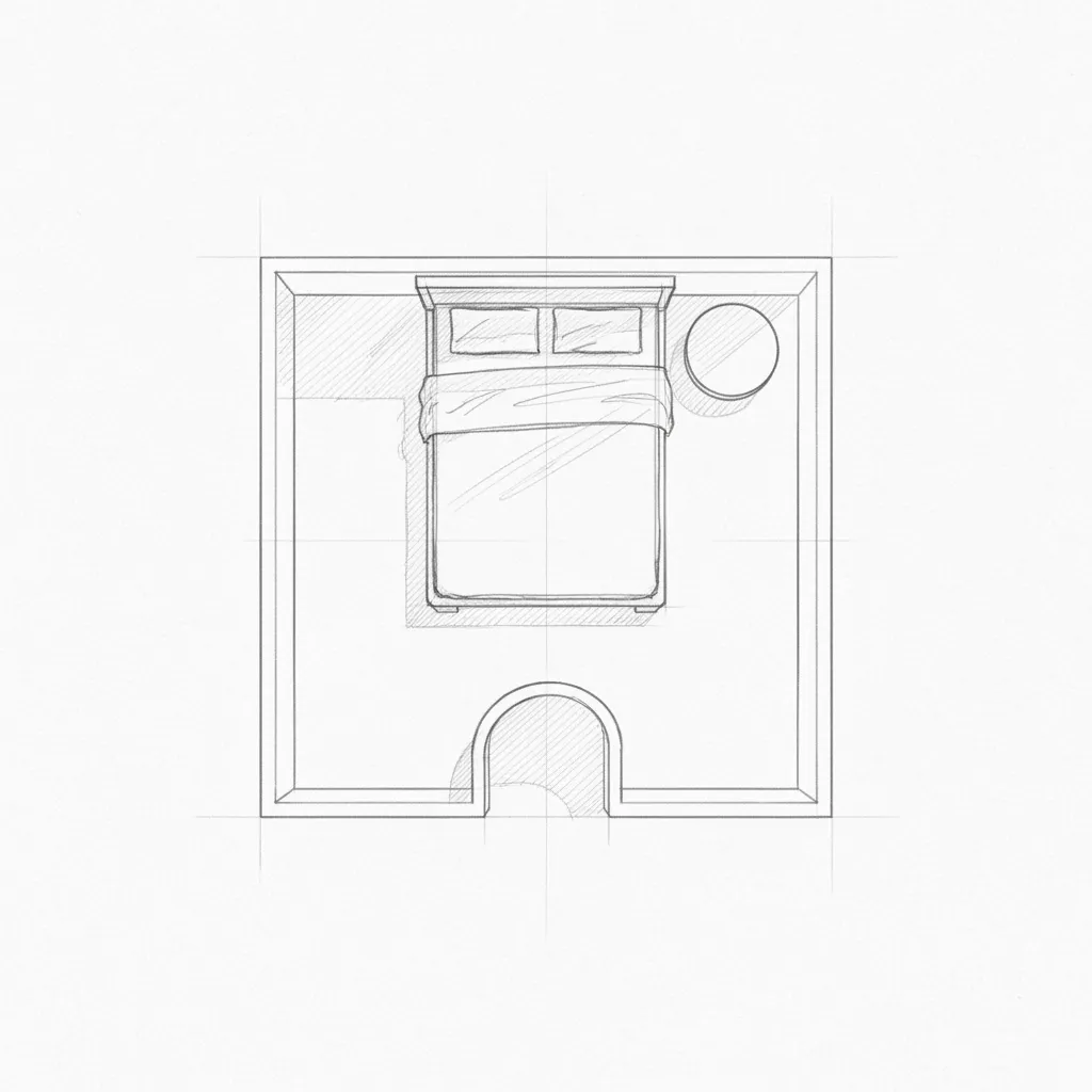 Boceto básico de una habitación con cama y mesa visto desde arriba