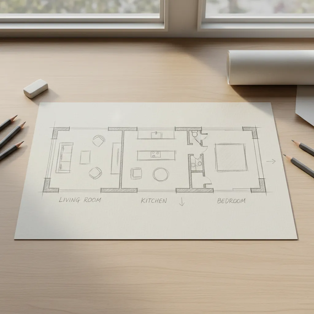 Boceto inicial de distribución de una casa dibujado a mano