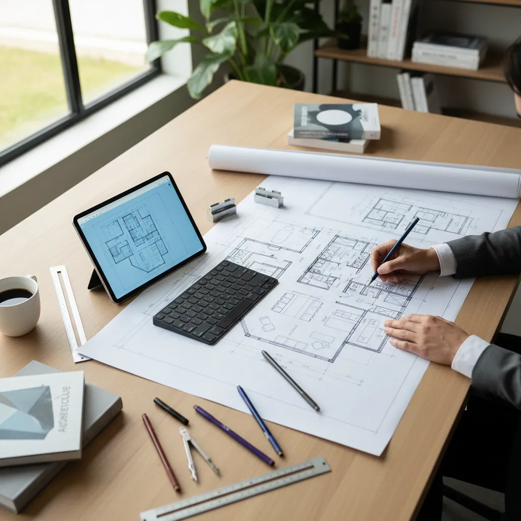 Boceto inicial de distribución de una vivienda en papel y tablet