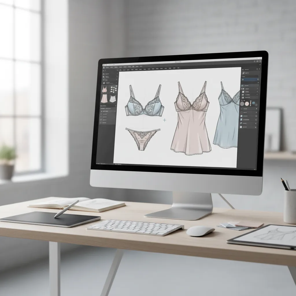 Pantalla de ordenador mostrando bocetos digitales de sujetadores y ropa interior