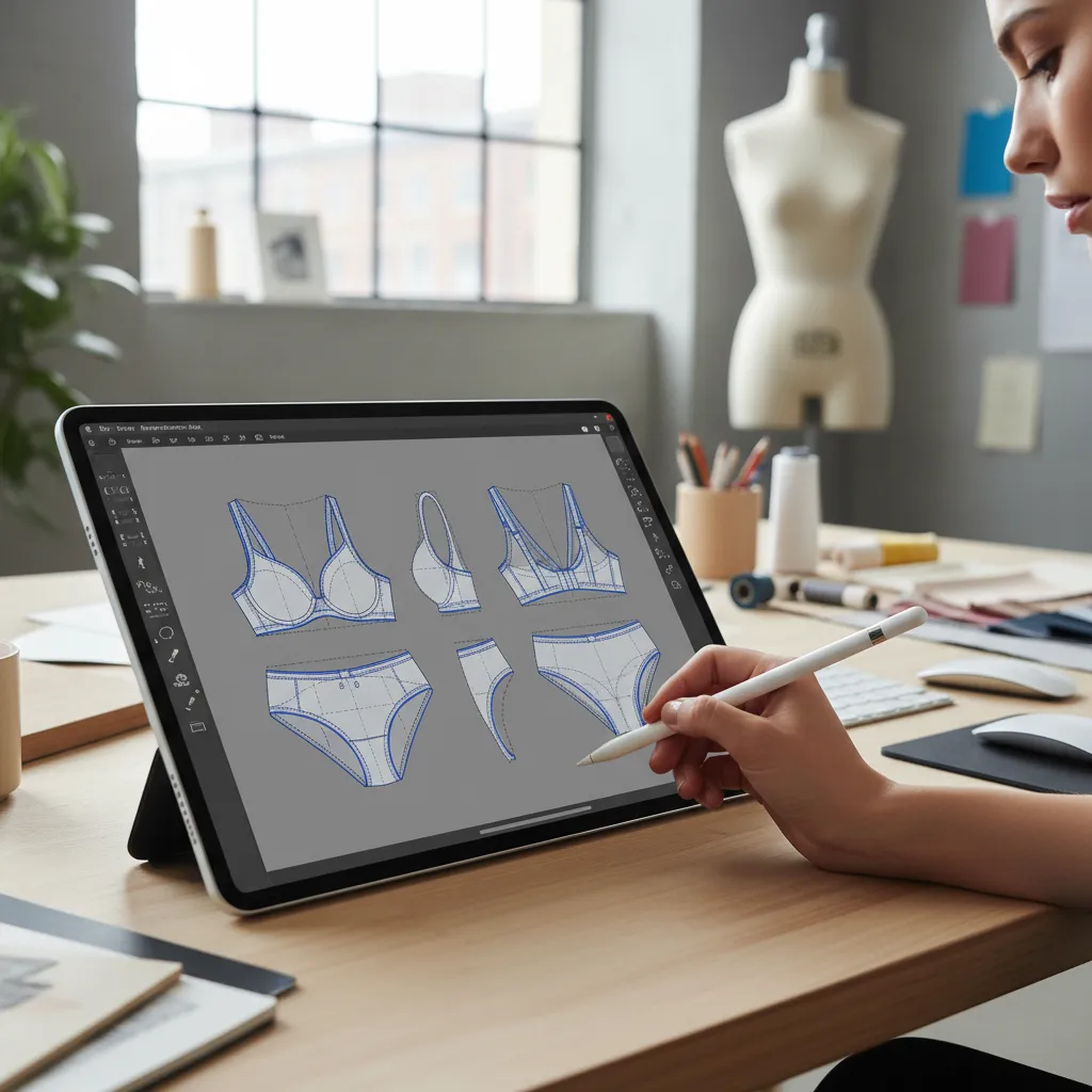 Bocetos digitales de ropa interior en pantalla con herramientas de diseño