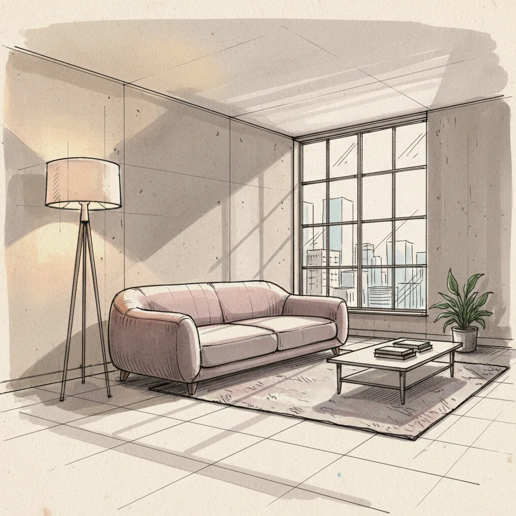 Boceto en perspectiva de una habitación interior