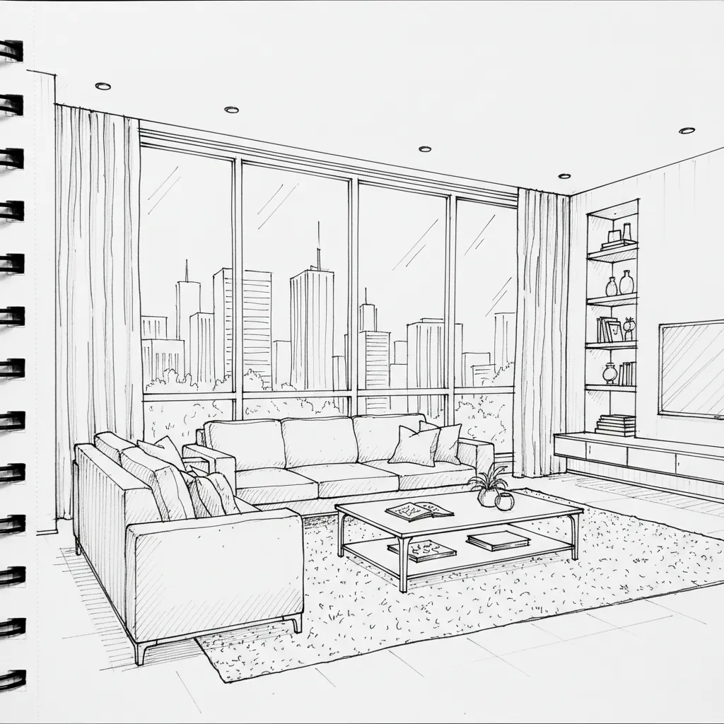 Boceto a mano alzada de un salón con perspectiva interior