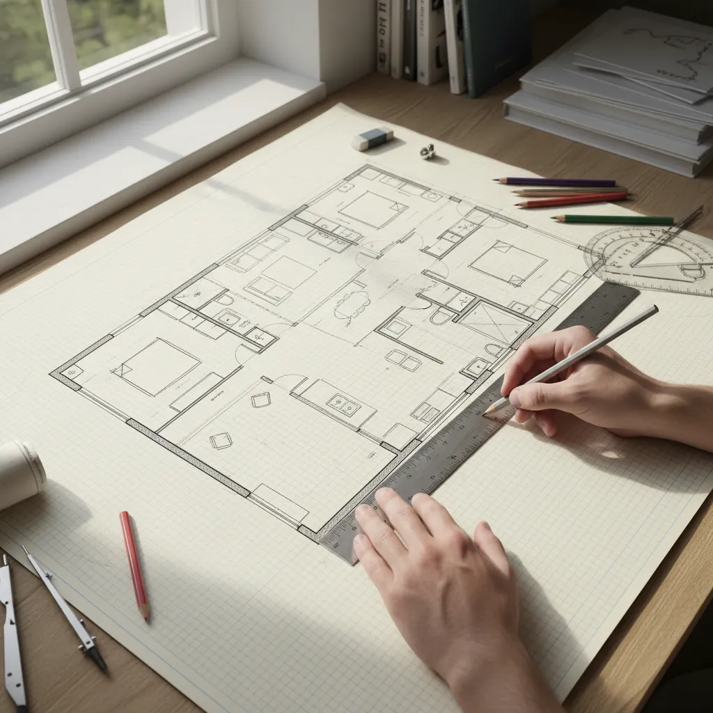 boceto inicial de plano de casa dibujado en papel milimetrado