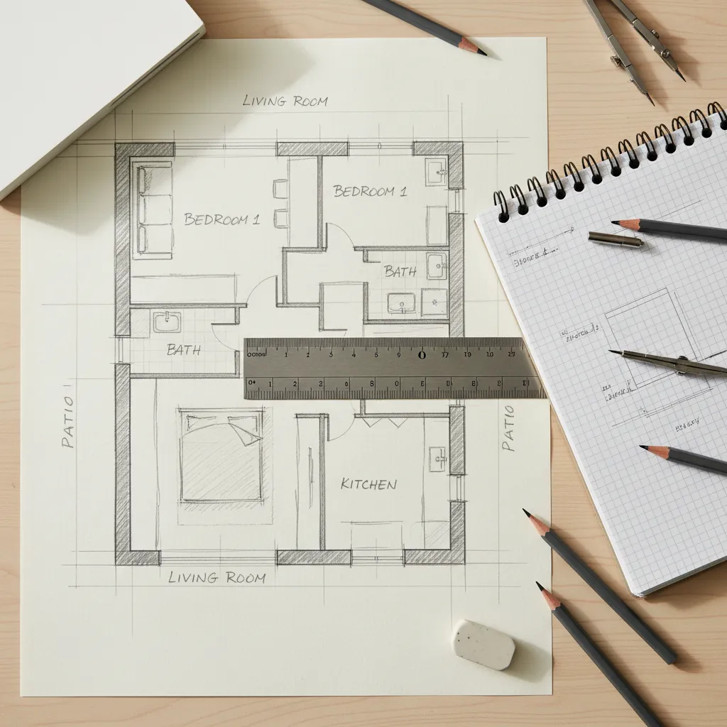 Boceto inicial de un plano de vivienda dibujado a mano sobre papel