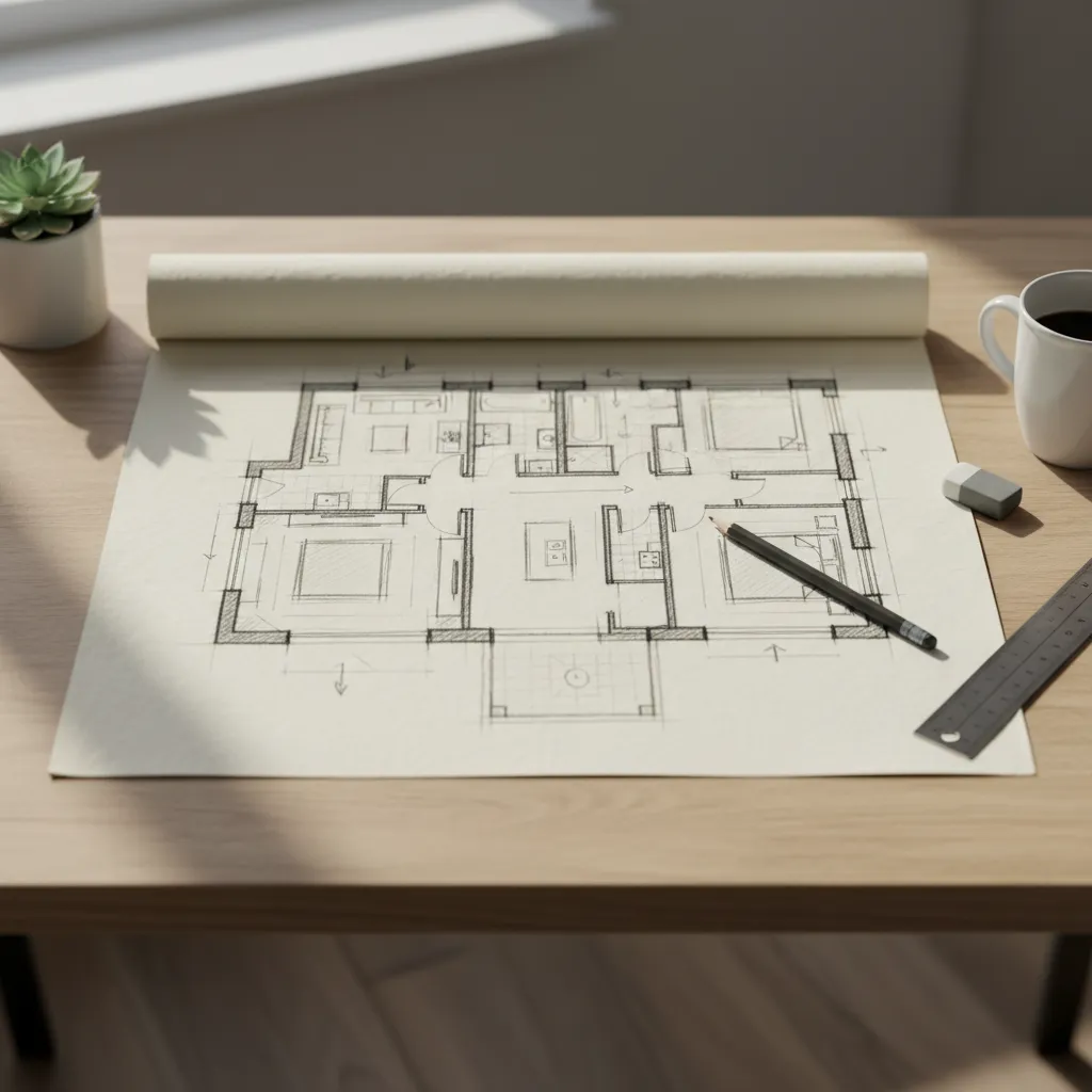 Boceto inicial de plano de vivienda dibujado a mano sobre papel