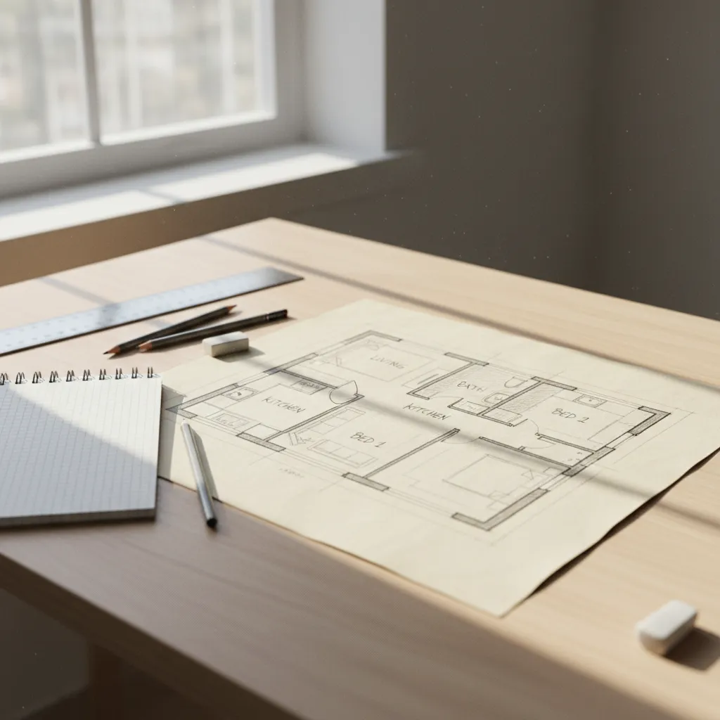 Boceto inicial de distribución de una casa dibujado a mano