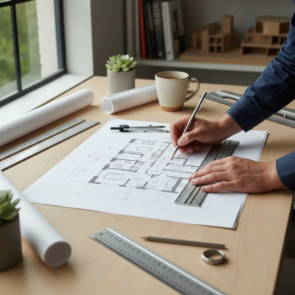 Boceto de plano de vivienda con medidas y distribución