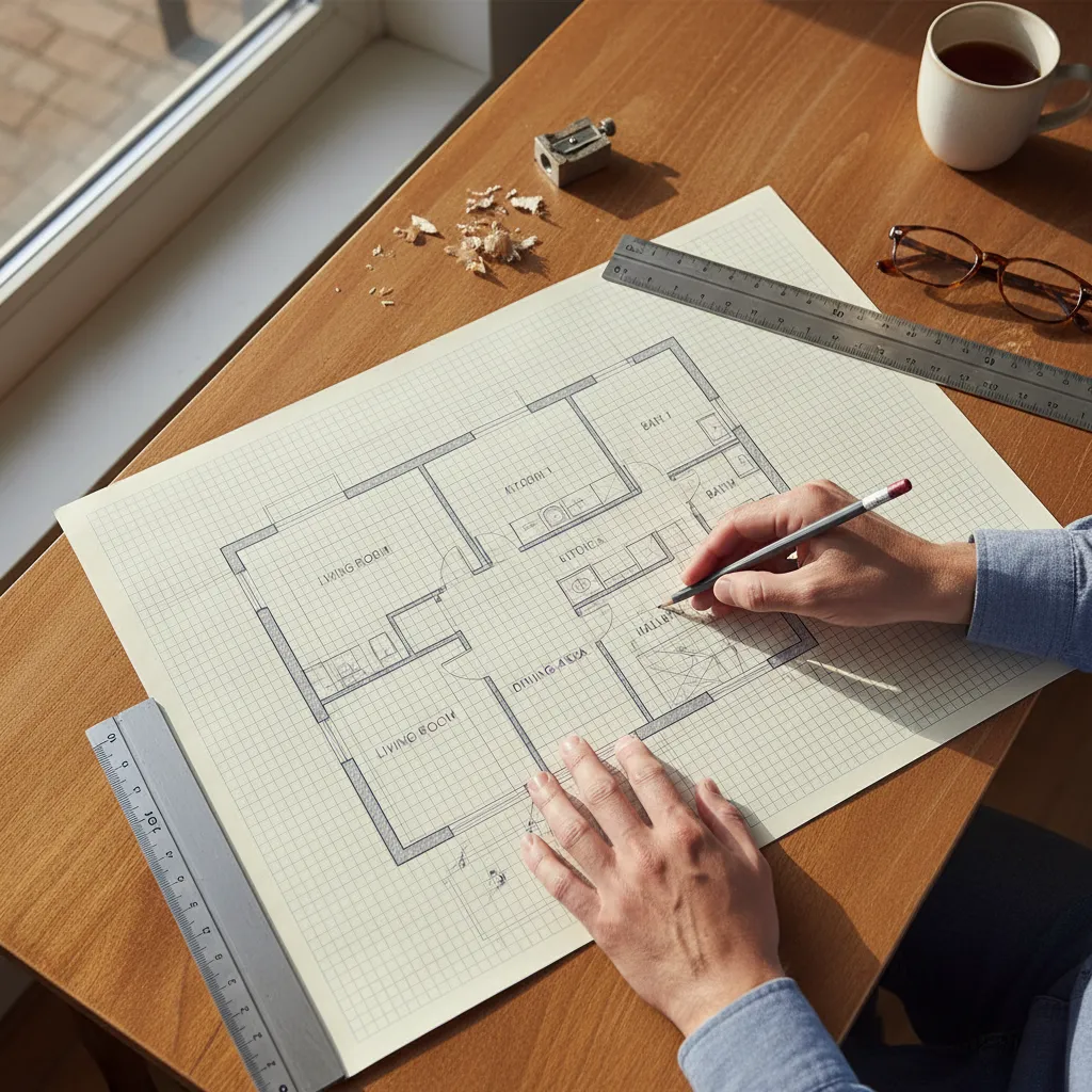 Boceto inicial de plano de vivienda dibujado sobre papel