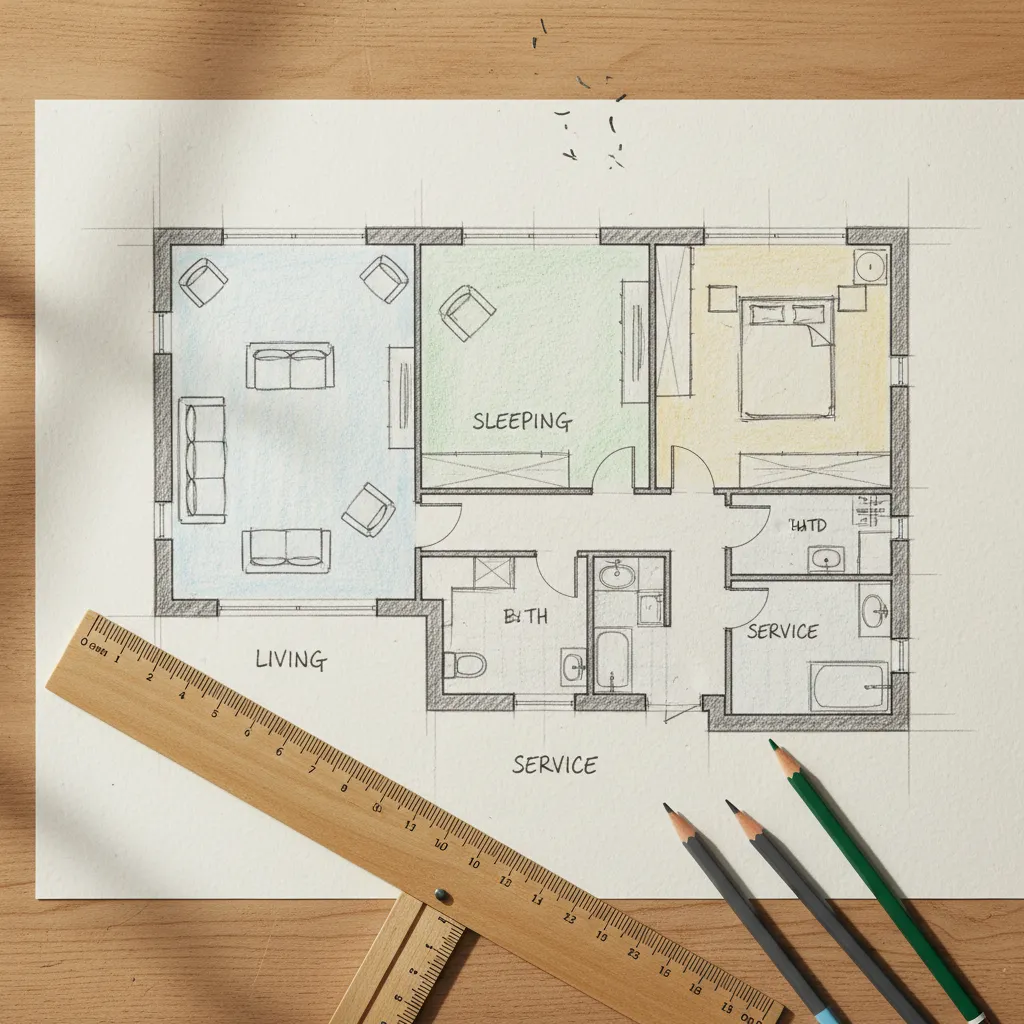 Boceto inicial de plano de casa con zonas sociales y privadas marcadas