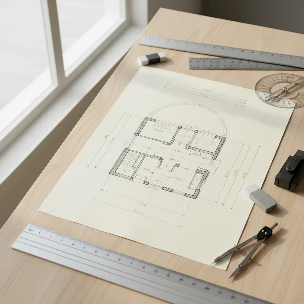 Hand drawn house floor plan sketch on paper with ruler eraser and tools on desk