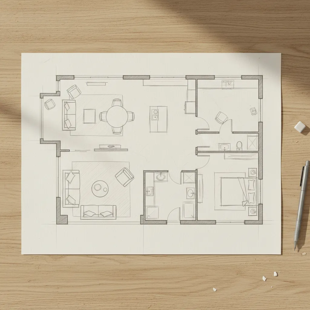 Boceto de planta de interior con distribución de muebles dibujada a mano