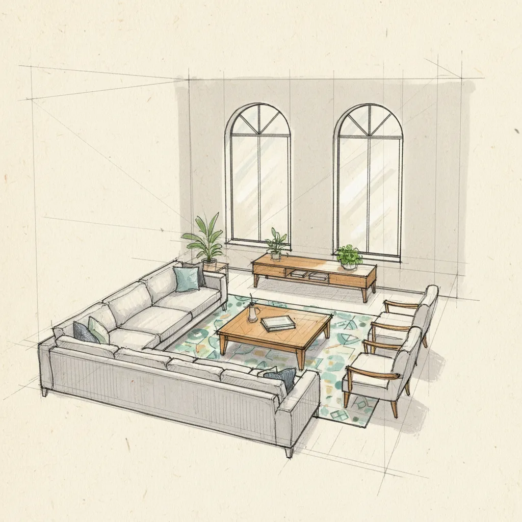 Boceto a mano alzada de la distribución de un salón