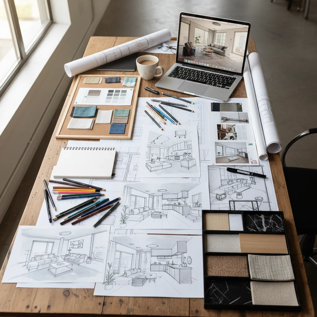 Interior design drawing on laptop surrounded by room sketches material samples pencils and paper rolls