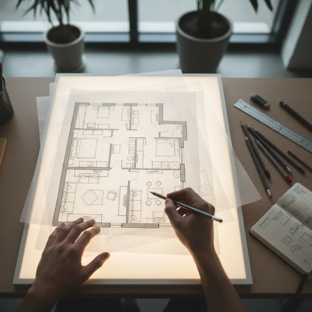 Bocetos de distribución de muebles en un plano de vivienda