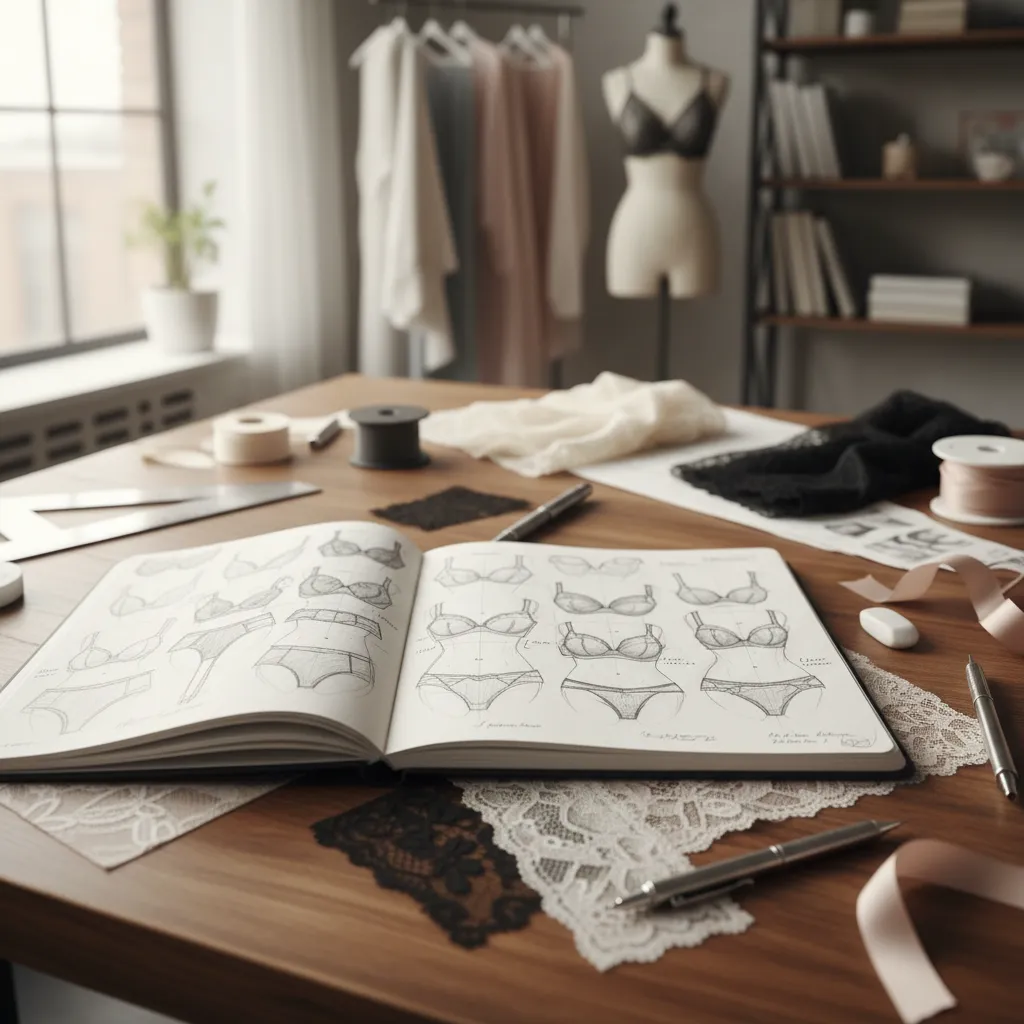 Open sketchbook with underwear sketches, lace fabric, pens, and mannequin on a wooden work table