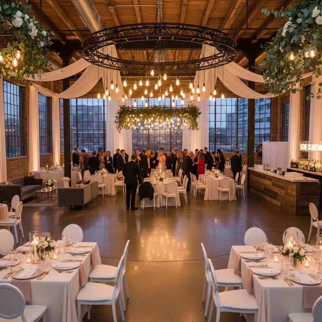 Espacio interior adaptado para recepción de boda con pista de baile central