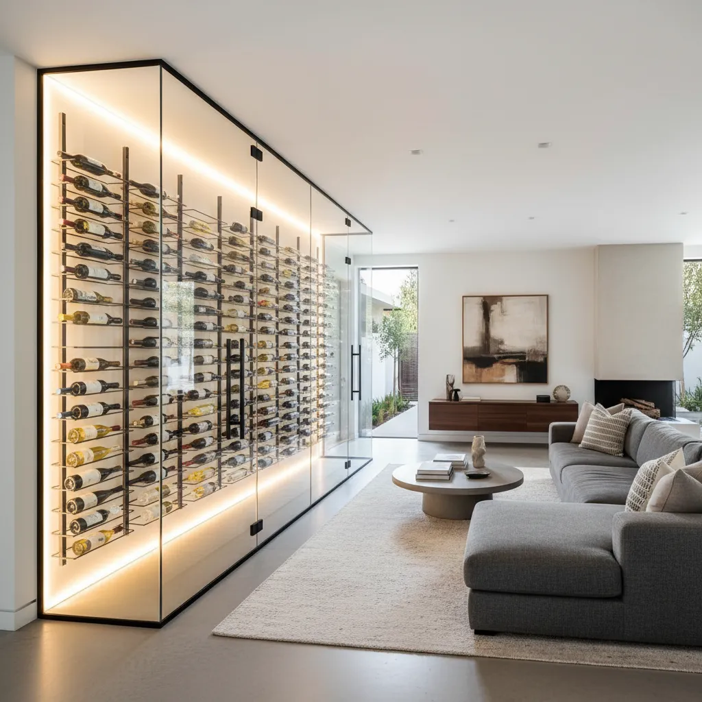 Bodega acristalada integrada en el salón de una vivienda moderna