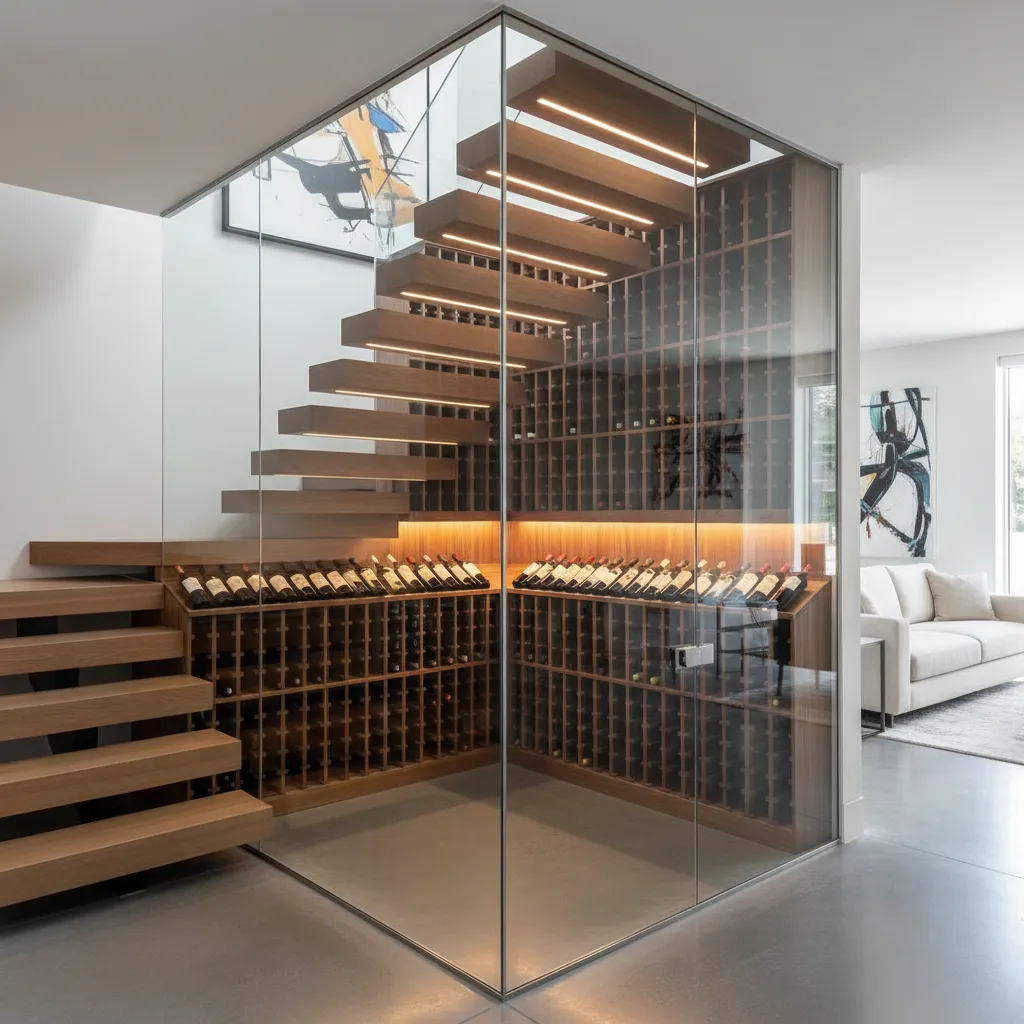 Glass wine storage cabinet built under wooden stairs with lights in a modern white house
