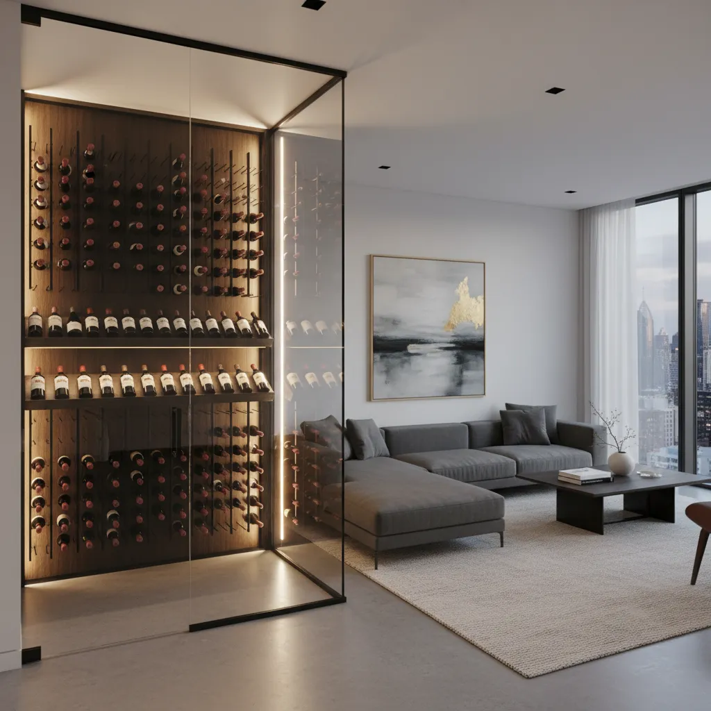 Modern living room with grey sofa wooden coffee table and glass wine storage wall cabinet