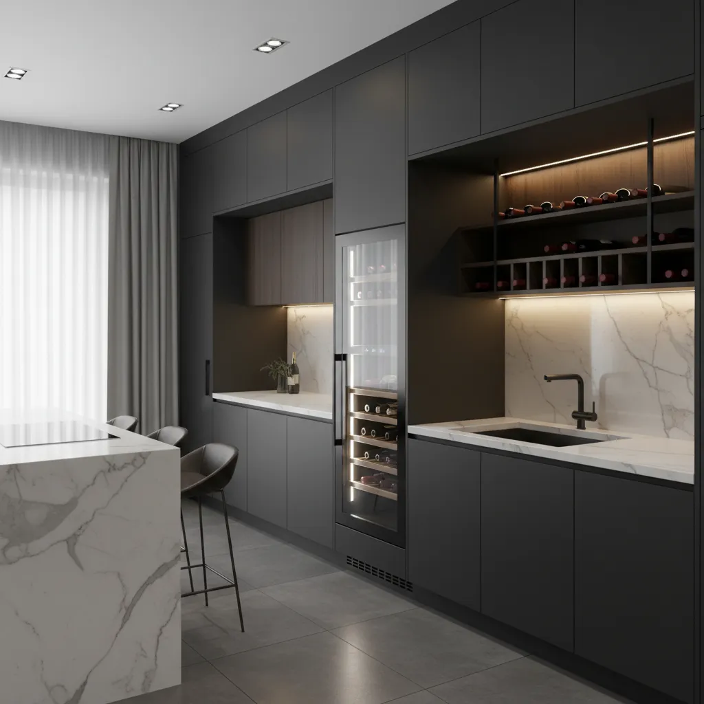 Modern black kitchen with a built-in wine cooler and white marble counters and an island