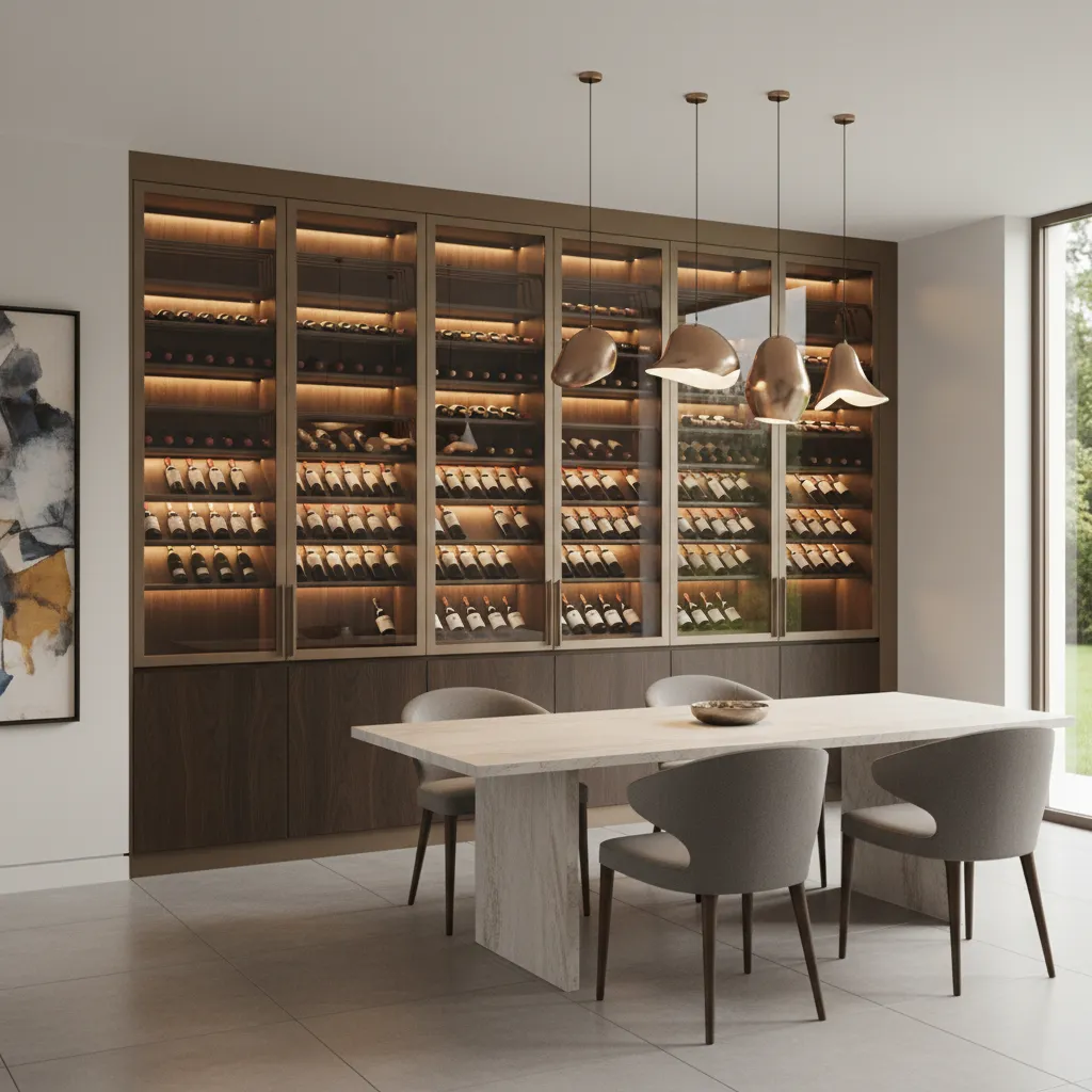 Bodega de vino integrada en el comedor con iluminación ambiental