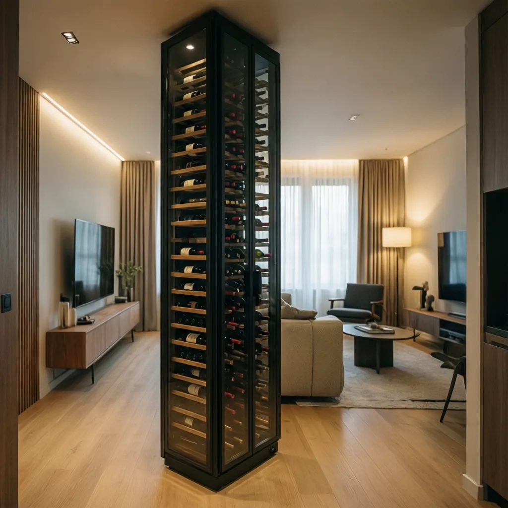 Modern living room with a tall black glass wine cabinet on the light wood floor