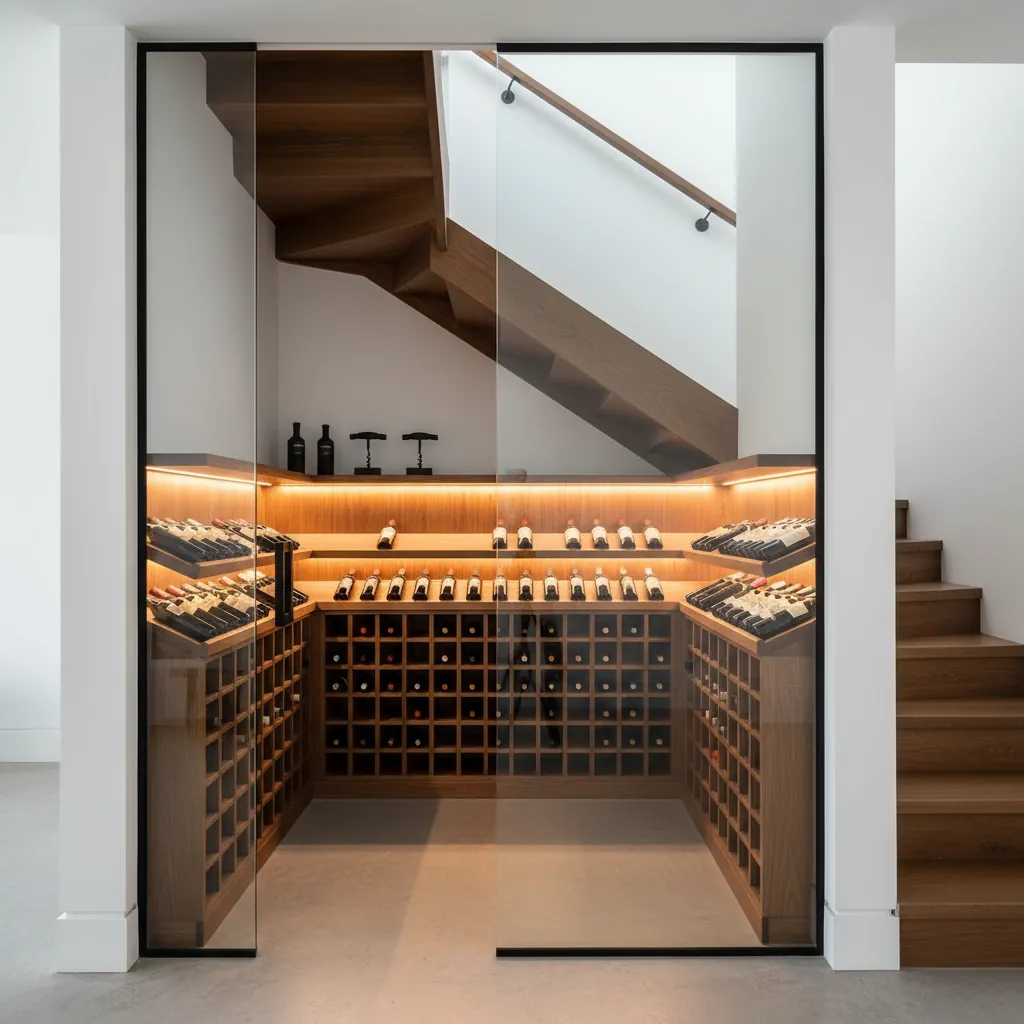 Pequeña bodega doméstica ubicada debajo de una escalera con estanterías de madera