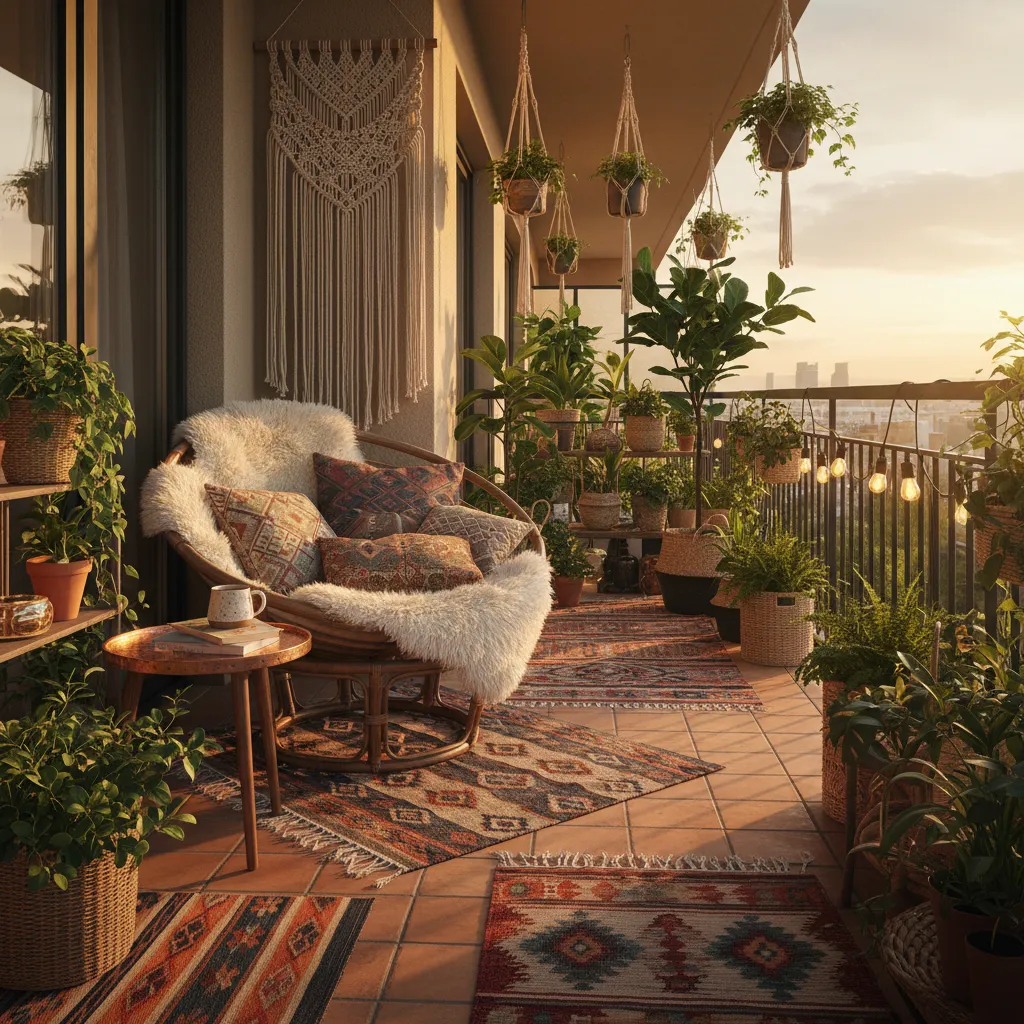 Bohemian balcony with terracotta tones woven textiles plants and colorful cushions