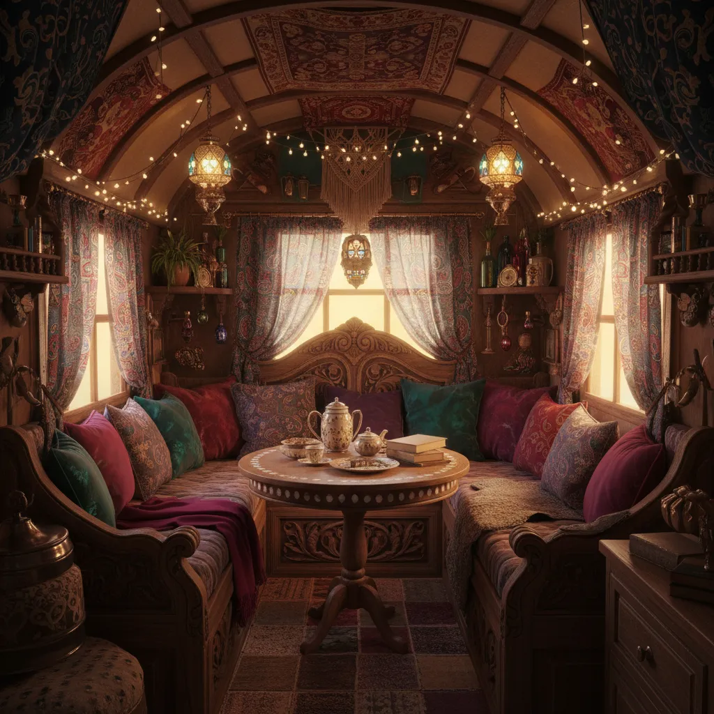 bohemian gypsy caravan interior layout with colorful fabrics and compact seating
