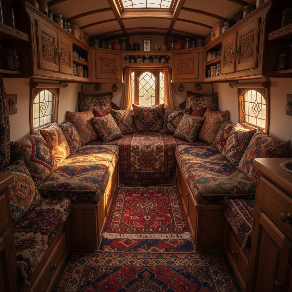 Bohemian tiny house interior with layered textiles and wood cabinetry inspired by caravan design