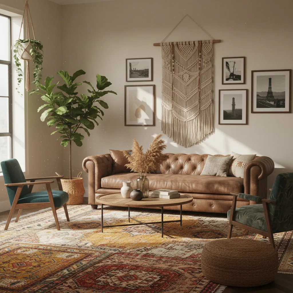 bohemian living room with layered rugs plants and eclectic decor