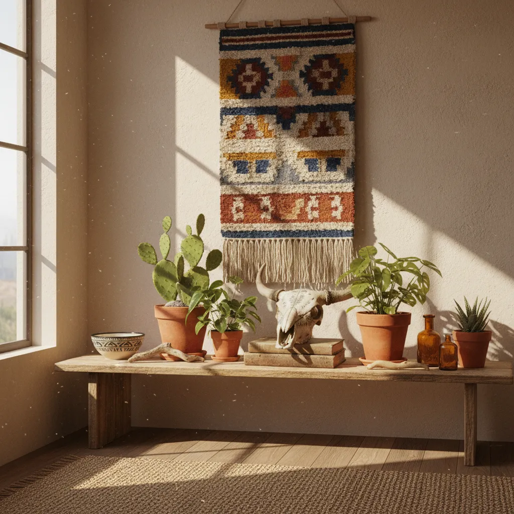 Bohemian shelf styling with skull decor plants and woven textures