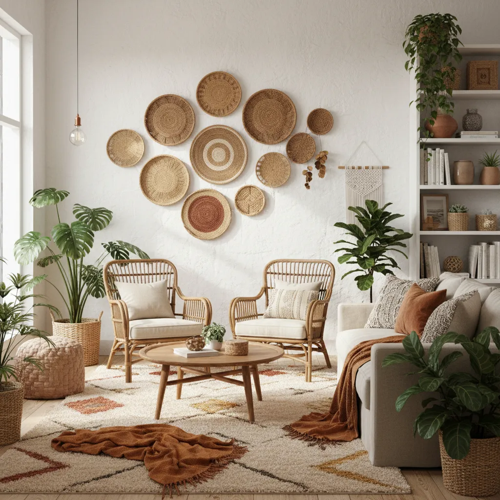Boho living room with mixed woven baskets on the wall