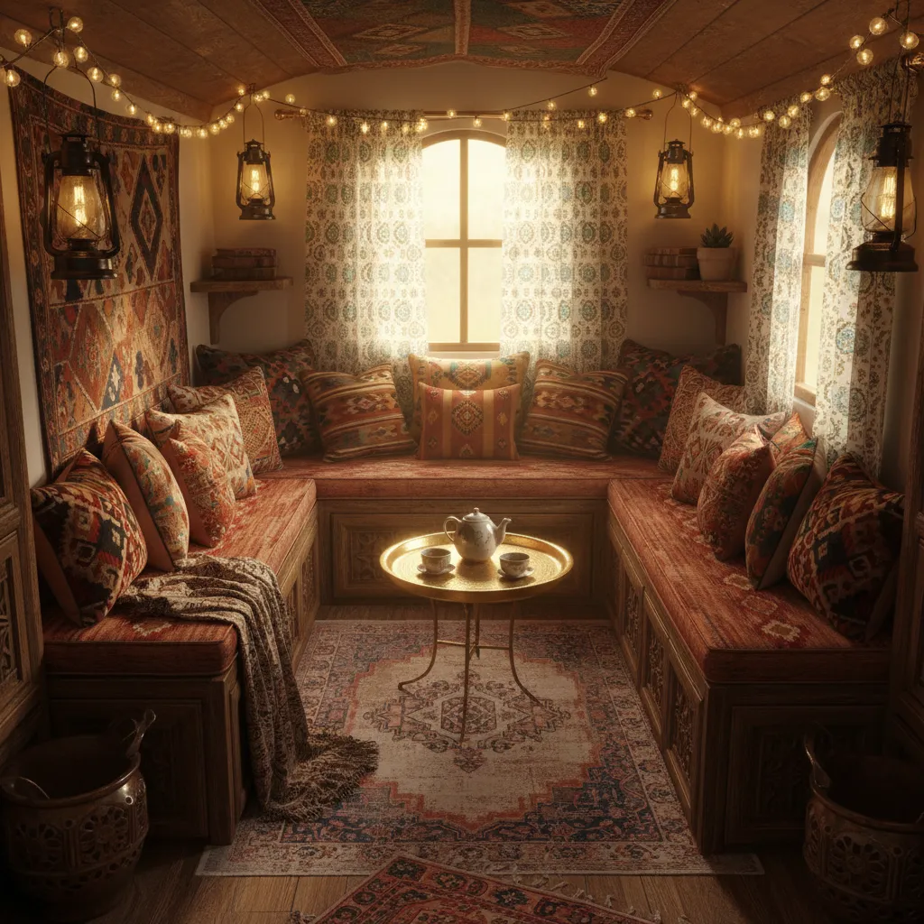 tiny home interior blending bohemian textiles with caravan inspired built in furniture