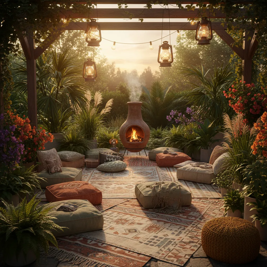 boho backyard patio with rugs cushions plants and chiminea