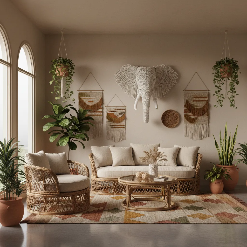Boho living room with elephant head wall decor and woven textures