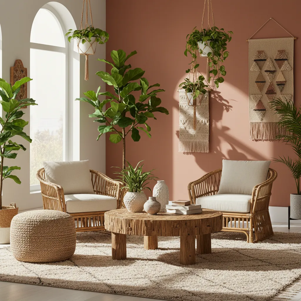 Muebles típicos del estilo boho chic como sillón de ratán y mesa de madera